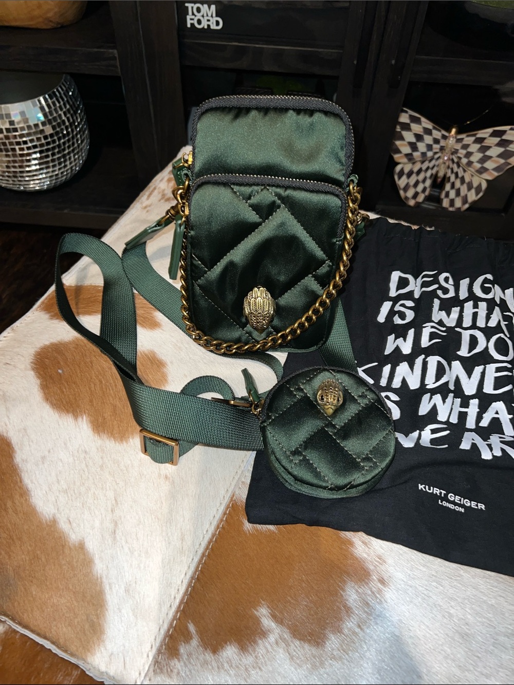 Kurt Geiger Dark Green Quilted Crossbody with Coin Pouch and Gold Chain